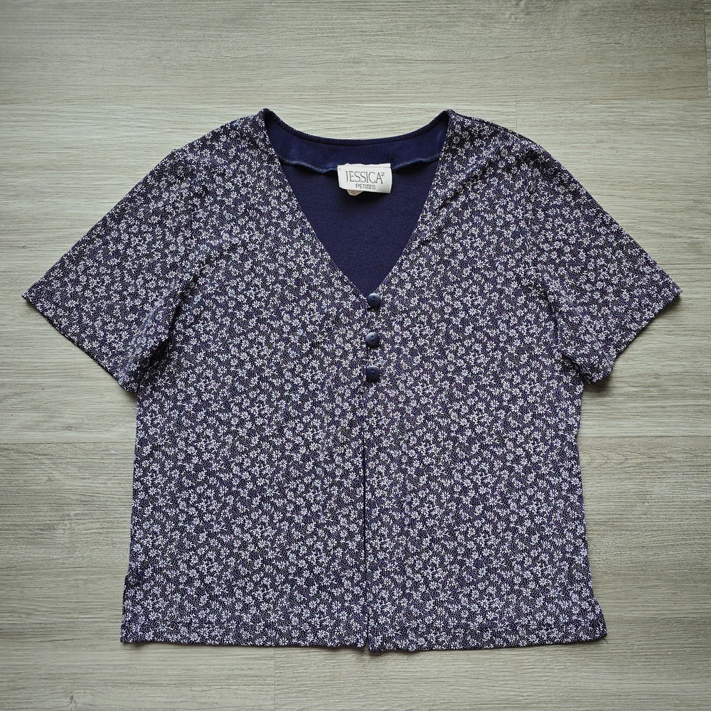 Vtg Jessica Navy Floral V-Neck Button-up
